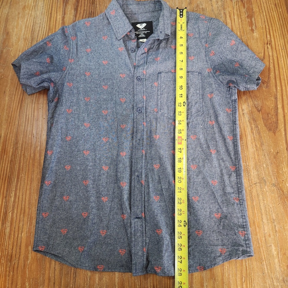 Superman Men's 100% Cotton Small Blue Chambray Button Down Short Sleeve Shirt - Picture 7 of 9
